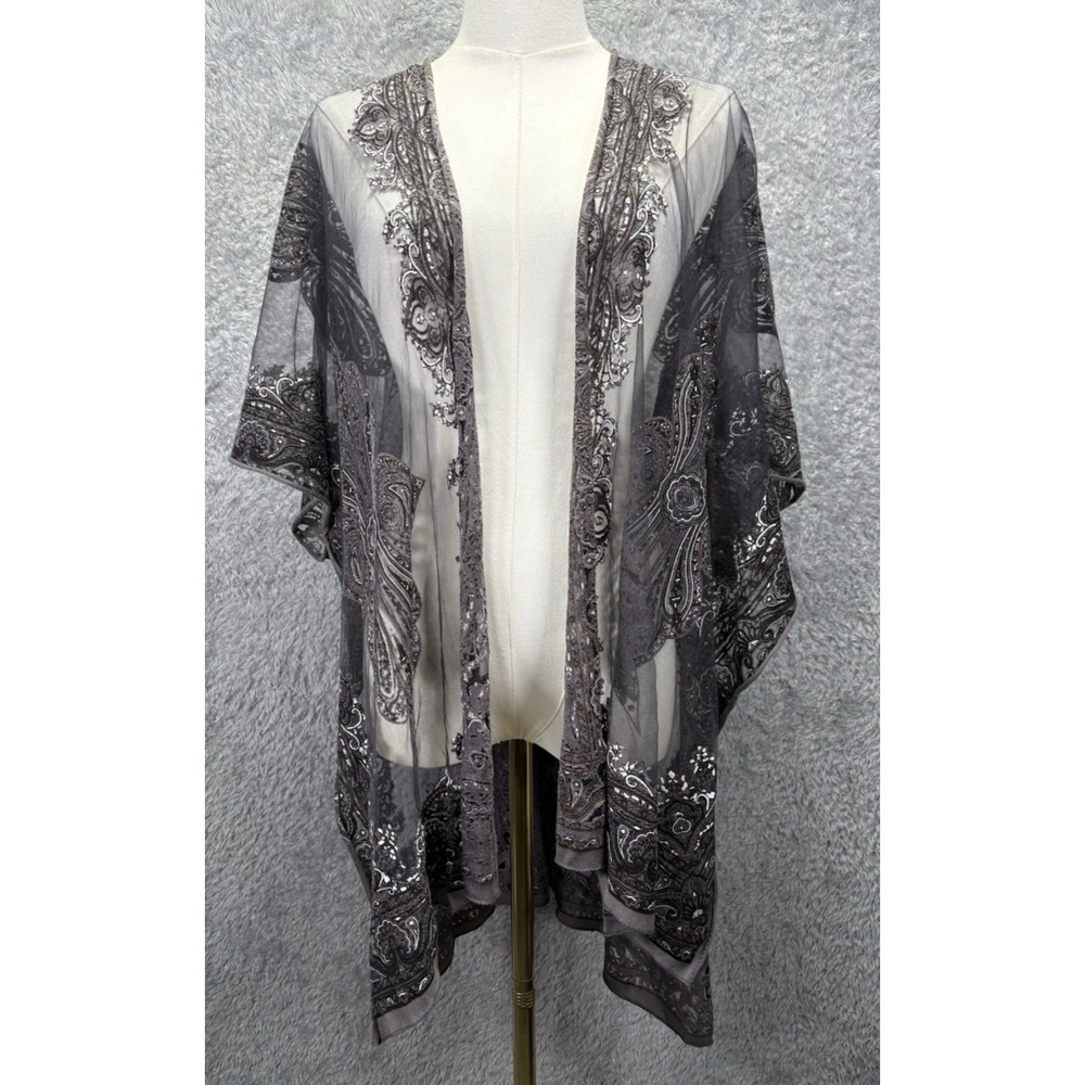 David and Young Womens OS Burnout Velvet Paisley Kimono Ruana Sheer Boho Duster